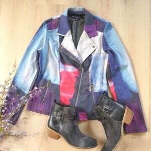 Claire Desjardins Cassé Noir Abstract Print Moto Jacket Size‎ S Blue Purple